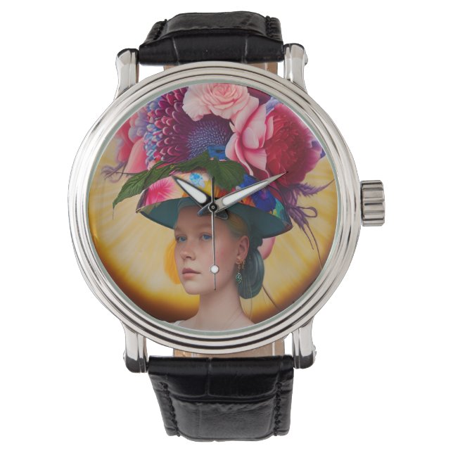 Montre Une dame avec un casquette solaire à fleurs (devant)