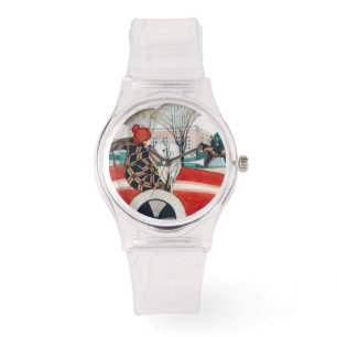 Montre Une fille et un chien Carlin dans une voiture roug