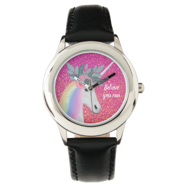 Montre Unicorn rose Parties scintillant Imaginaire Fleurs (devant)