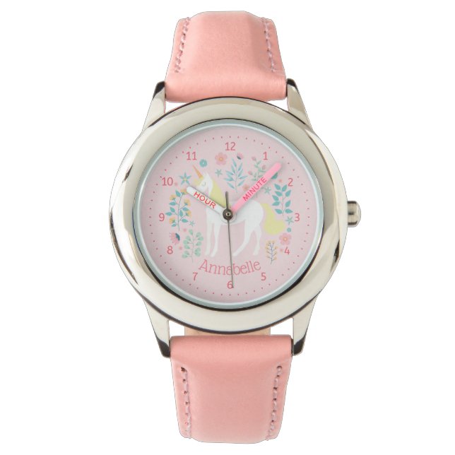 Montre Unicorn Watch Nom personnalisé rose (devant)