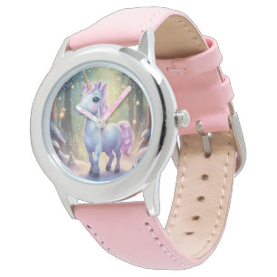 Montre Unicorne - Acier inoxydable rose bracelet en cuir