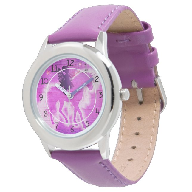 Montre Unicorne colorée rose et violet (Incliné)