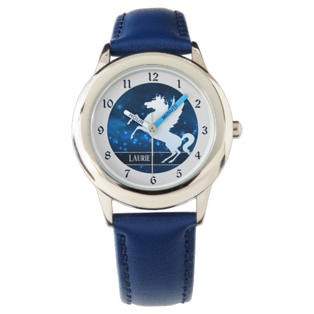 Montre Unicorne d'argent sur le ciel nocturne bleu étince (devant)