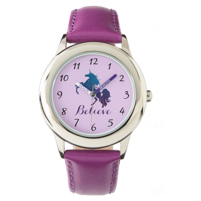 Montre Unicorne d'élevage magique violet et bleu | Croire (devant)