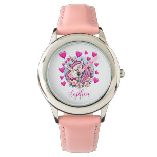 Montre Unicorne mignonne, Coeurs et Fleurs roses, Nom per