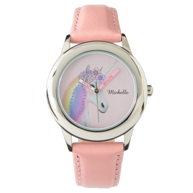 Montre Unicorne Rainbow personnalisée Pastel Rose Girl (devant)
