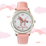 Montre Unicorne rose avec nom Personnalisable<br><div class="desc">Le design a une licorne rose dormant avec une belle crinière et un conte. Il y a un nom sur la montre,  que vous pouvez personnaliser. Cette montre est idéale pour les filles qui aiment les licornes. C'est un dessin numérique.</div>