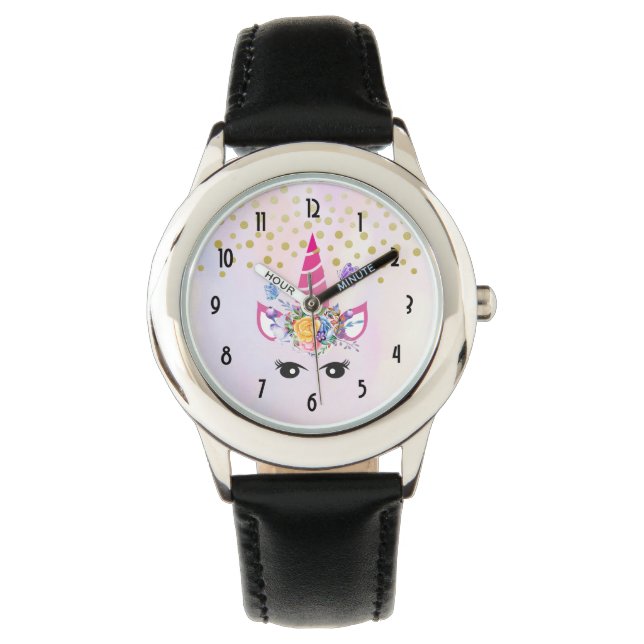 Montre Unicorne tendance avec Fleurs Papillons & Confett (devant)
