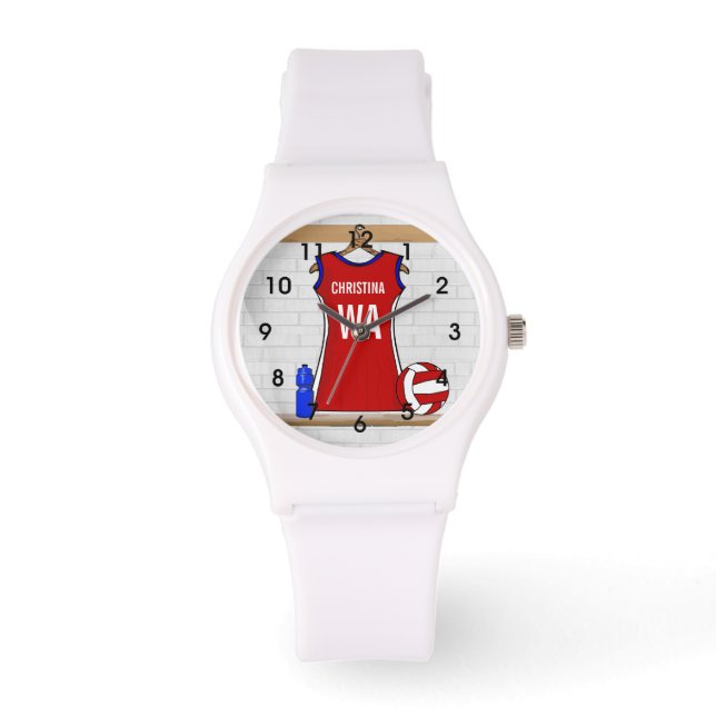 Montre Uniforme de Custom Netball Red with Blue and White (Recto)