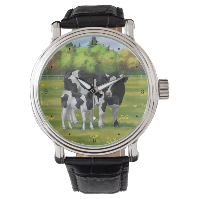 Montre Vache Holstein et veau mignon en pâturage d'été (devant)