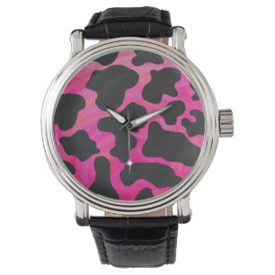 Montre Vache Imprimé Rose Chaud et Noir