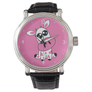 Montre Vache mignonne fraise souriante face rose