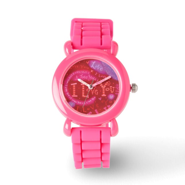 Montre Valentine Coeurs Rose Rouge Je t'aime Typographie (Recto)