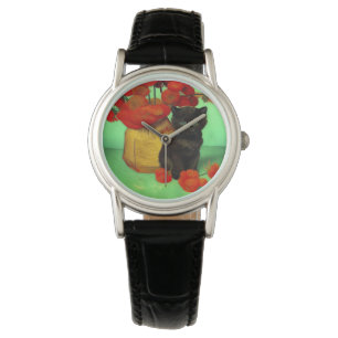 Montre Van Gogh Black Kitten Fleurs rouges