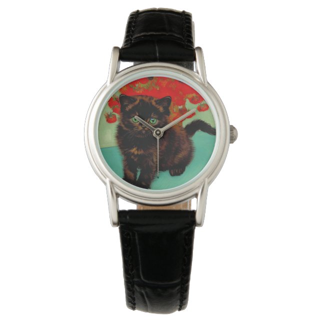 Montre Van Gogh Chat noir Fleurs rouges (devant)