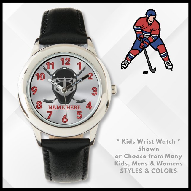 Montre Veille de hockey personnalisée pour les enfants au (Hockey Wrist Watch for Boys, Girls, Men or Women. Custom, Hockey Watches. Personalized Hockey Gifts.)