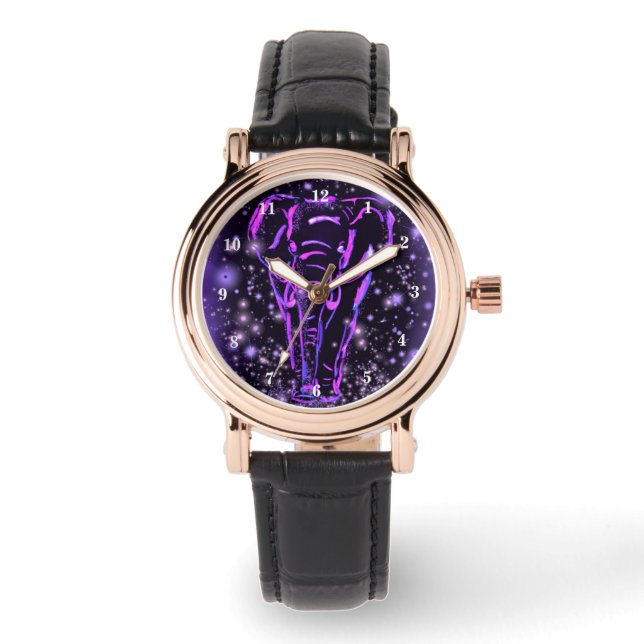 Montre Veille d'éléphant dans une nuit étoilée rose viole (Recto)