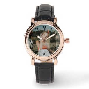 Montre Veille féminine - Carré personnalisé en cuir noir