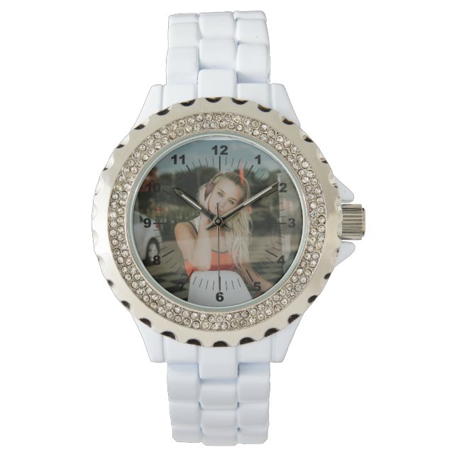 Montre Veille féminine - Personnalisée - Rhinestone Blanc (devant)