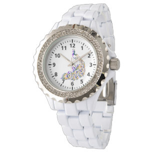 Montre Veille Femme en émail blanc en strass peacock