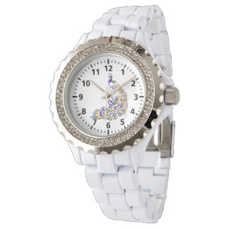 Montre Veille Femme en émail blanc en strass peacock