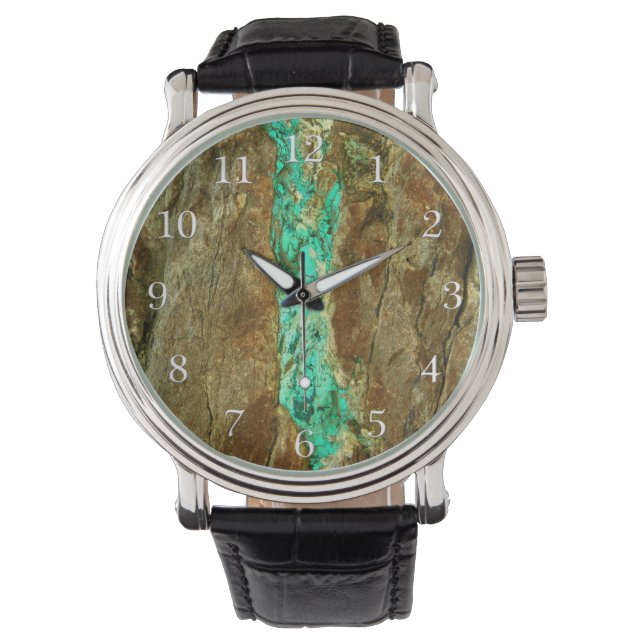 Montre Veine turquoise naturelle en pierre brune rugueuse (devant)