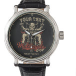 Montre Vélo personnalisé Skeleton Motorcycle Shop Garage<br><div class="desc">Biker Skeleton Motorcycle Shop Garage design,  avec un squelette de badass vélo roulé sur mesure. Customisez avec votre nom ou votre texte personnalisé.</div>