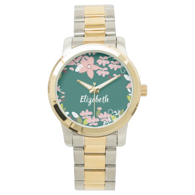 Montre Vert avec fleurs roses Personnalisé (devant)