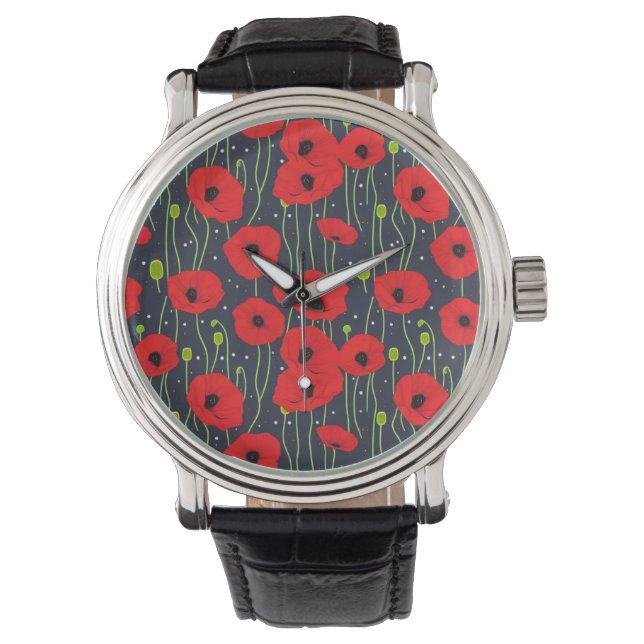 Montre Vibrant Modern Red Poppies Pattern Art (devant)