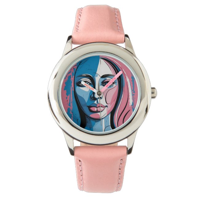Montre Vibrant rose et bleu Abstrait Visage Art (devant)