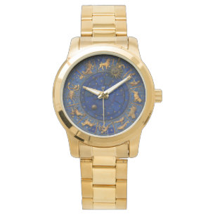 Montre Vintage bleu et or zodiaque astrologie céleste