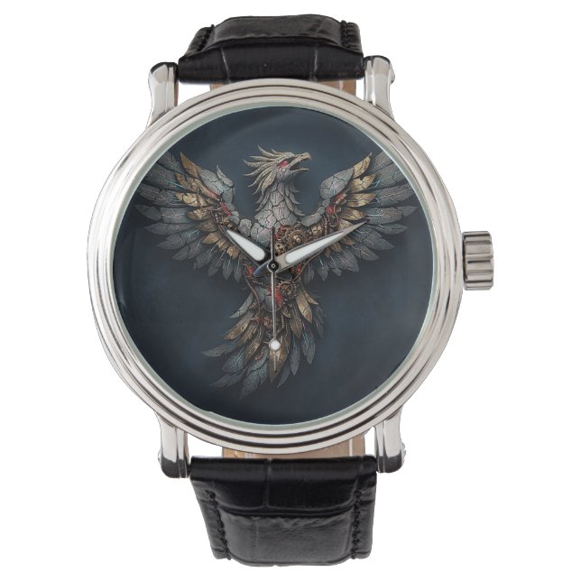 Montre Vintage Cyber-Phoenix:Aged Gold & Neon Mythic Bird (devant)
