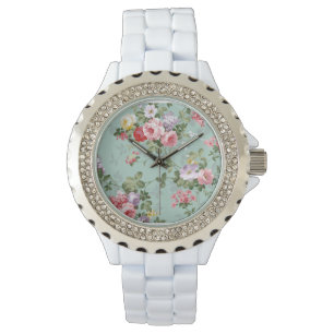Montre Vintage Élégant rose rouge rose Motif Roses Jaunes