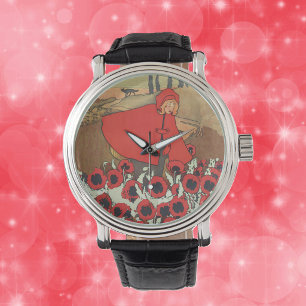 Montre Vintage Rouges Couvercle Rouge Fleurs de Pavot Wol