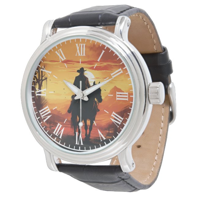 Montre Vintage Western Cowboy Sunset Roman Men's Leather  (Incliné)