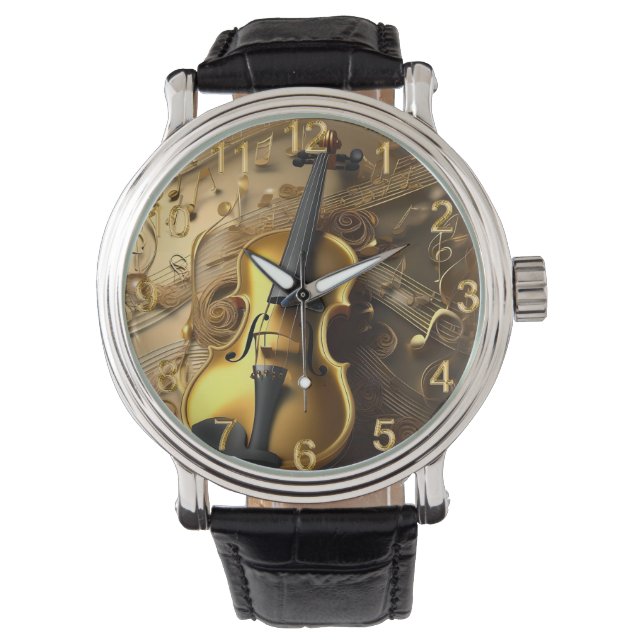 Montre Violon Or vintage Sur Cordes Musicales D'Or, (devant)
