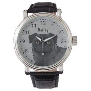 Montre Visage de chien cartoon Pug noir en gros plan avec