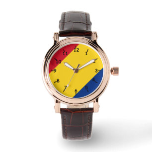 Montre Visage rayé jaune et par bleu Tri Coloré rouge