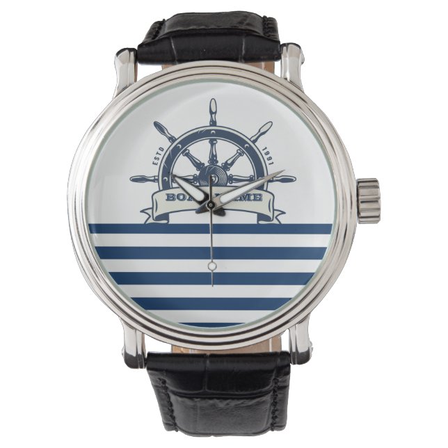 Montre Volant de Bateau Naustique, Rayures Blanches Bleu  (devant)