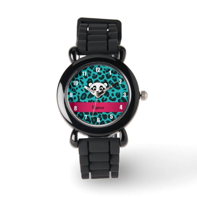 Montre Votre nom tête d'ours panda léopard turquoise (Recto)
