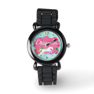 Montre Watercolor Flower Unicorn Pink Blue Girls