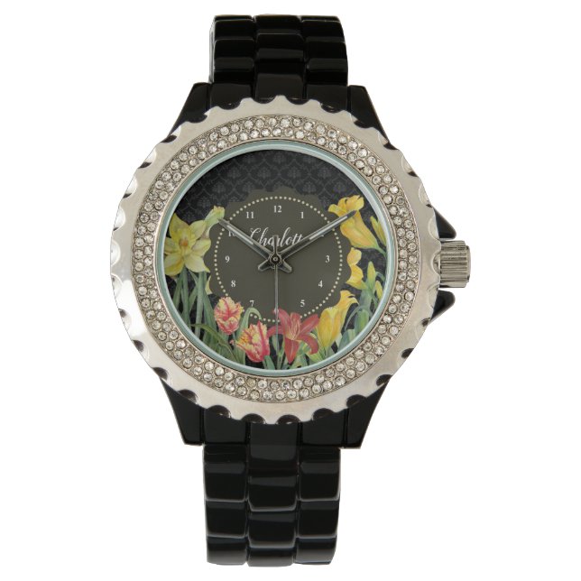 Montre Watercolor Orange Spring Flowers Damask (devant)