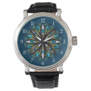 Montre Weird Eyes Mandala Art - Trippy Flower Blue Green