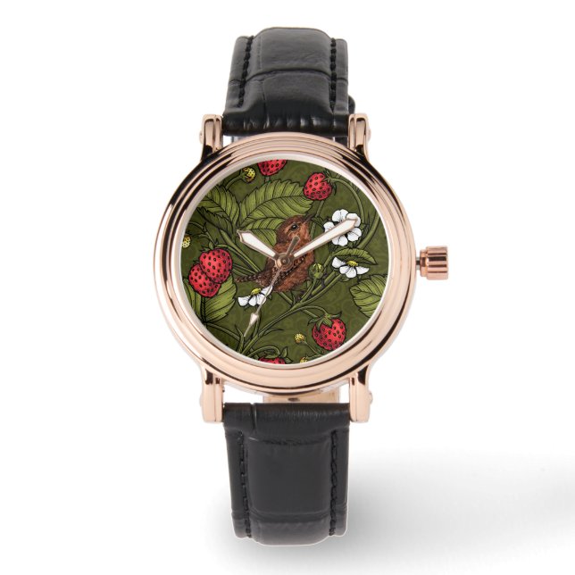 Montre Wens et fraises sur vert foncé (Recto)