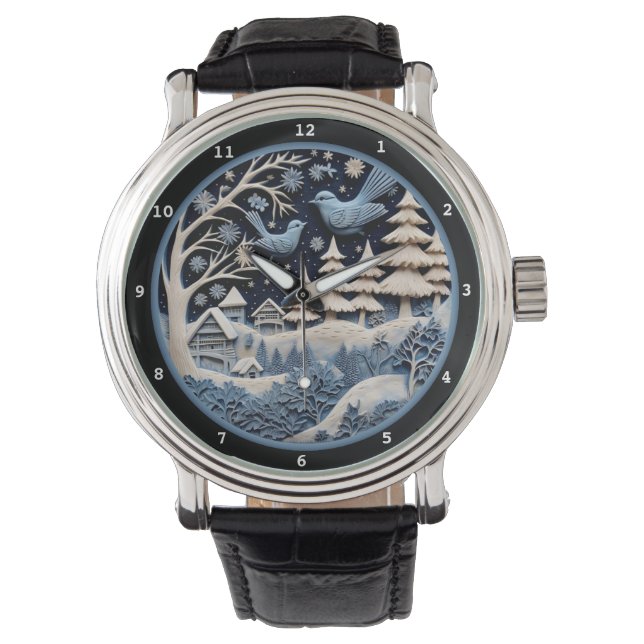 Montre Whimsical Winter Holiday Birds in Forest (devant)
