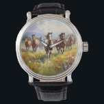 Montre Wild Horses Running in a Wildflower Meadow<br><div class="desc">Terrific gift idea for cowgirls,  cowboys and western art lovers,  a gorgeous painting of wild horses running in a grassy field of wildflowers on a watch of your choice. Shown in the large vintage leather,  but there are many various styles to choose from.</div>