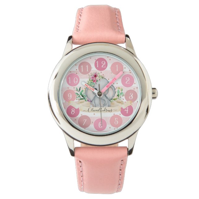 Montre Wild One - Baby Elephant and Flowers mignonne fill (devant)