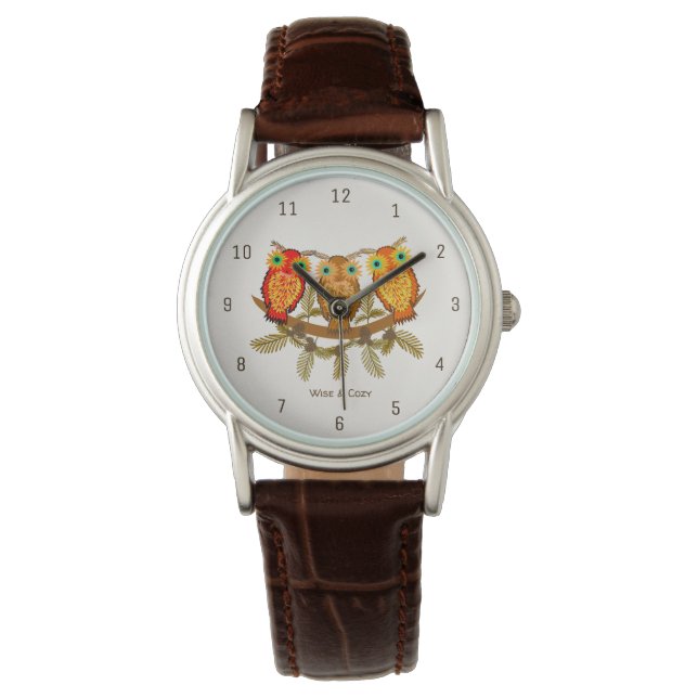 Montre Wise & Cozy – Trois hiboux orange Art (devant)