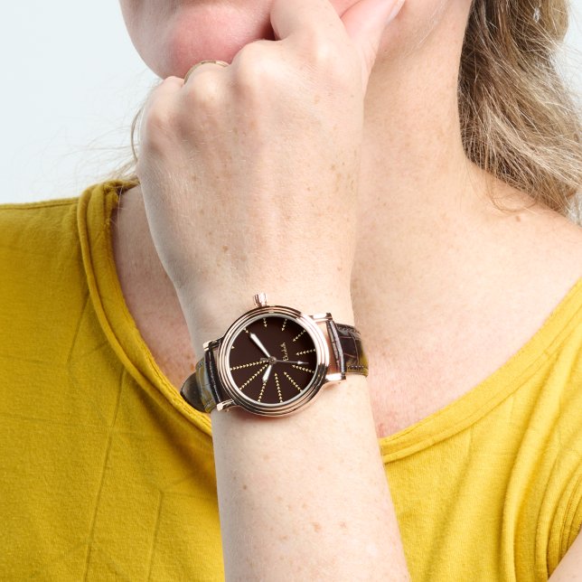 Montre Womens Rose Or Monogramme Brown bracelet en cuir (Womens Rose Gold Monogrammed Brown Leather Strap Watch)