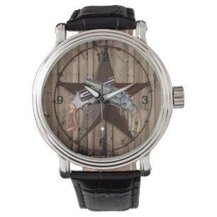 Montre Woodgrain texas star cowboy western country pistol